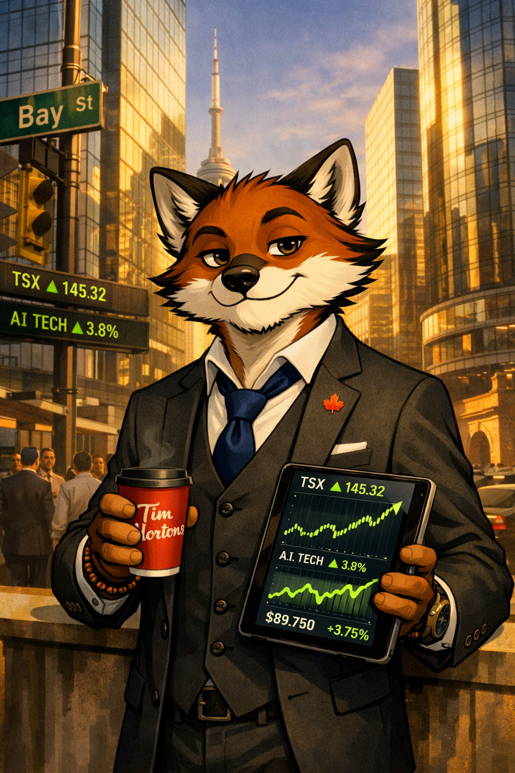 Margin the Fox, Canada edition — a fox in a suit with a maple-leaf touch