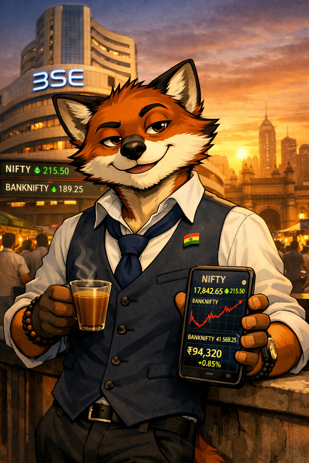 Margin the Fox, India edition — a fox in a suit on Dalal Street