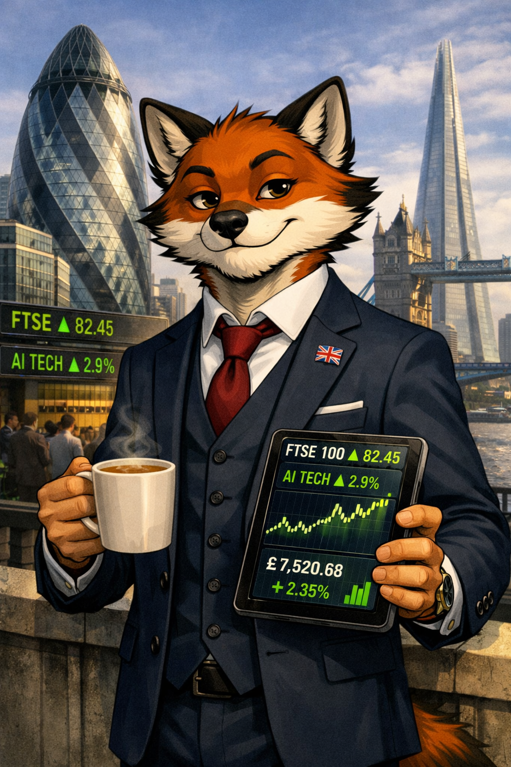 Margin the Fox, UK edition — a fox in a suit against the London skyline with a Union Jack pin and an FTSE tablet